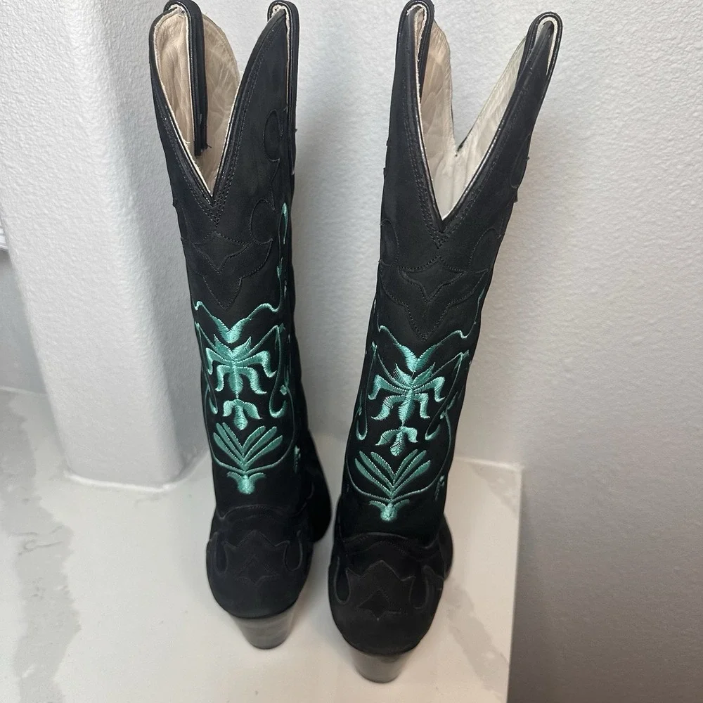 Lane Cowgirl Boots Black Suede Turquoise Embroidered Obsidian Strut 8.5 Festival